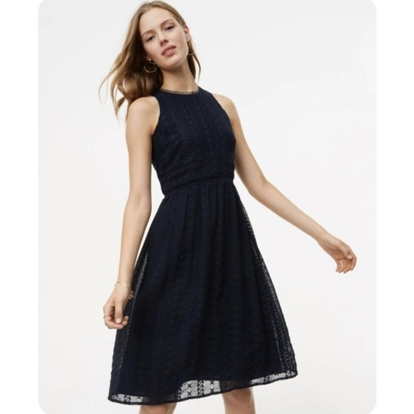LOFT Navy Blue Classy Chic Eyelet A-Line Midi Dress Size 6 - Picture 1 of 16